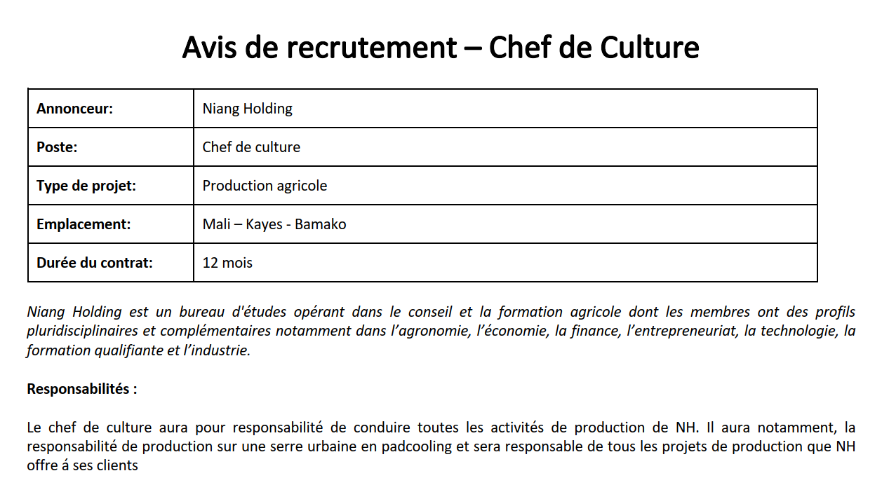 Avis de recrutement – Chef de Culture (Mali – Kayes – Bamako)